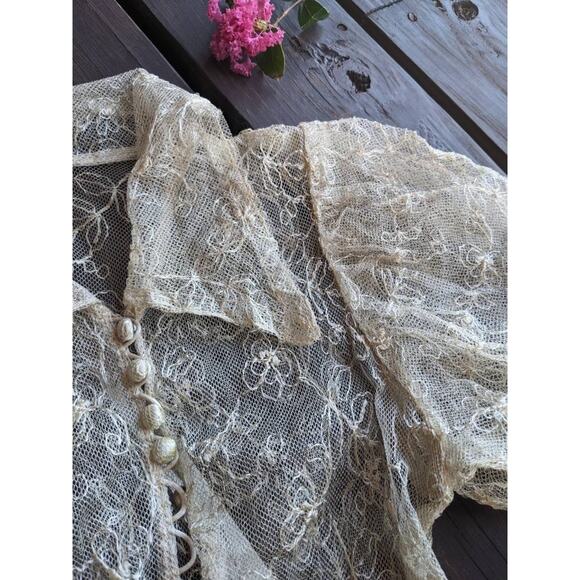 vintage 30s Sheer EMBROIDERED Dagger Collar MAXI DRESS xs/s tea stained 1930s - Picture 4 of 10